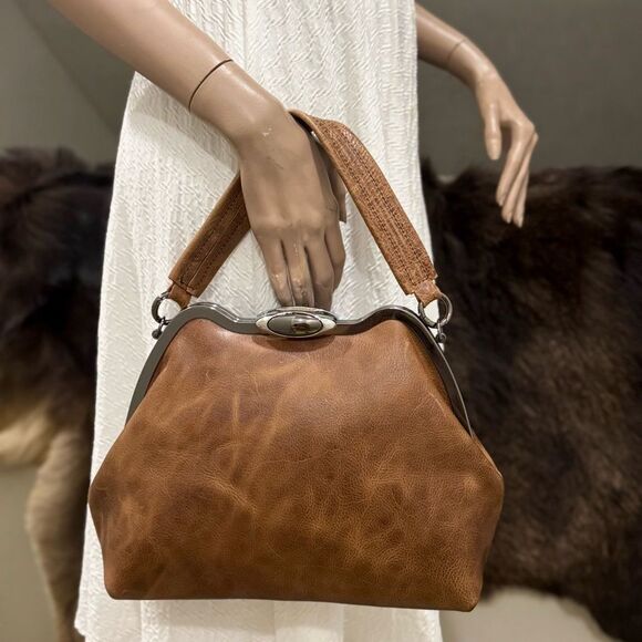 Crazy Horse Cowhide Handmade Custom Frame Push Lock Handbag/Multi Use Style - Picture 4 of 16